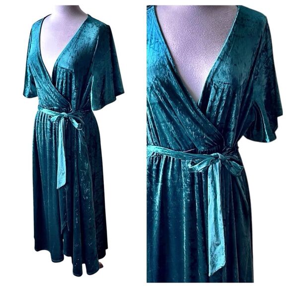 NWT TORRID Green Crushed Velvet Flutter Swing Wrap Dress - 2XL - Picture 5 of 9